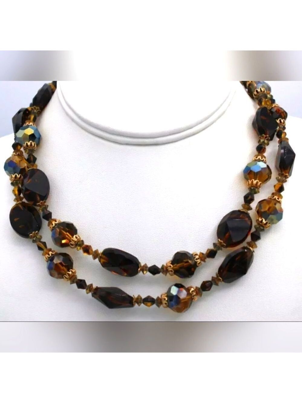 VINTAGE VENDOME TOPAZ ART GLASS AB CRYSTAL DOUBLE STRAND BEADS NECKLACE